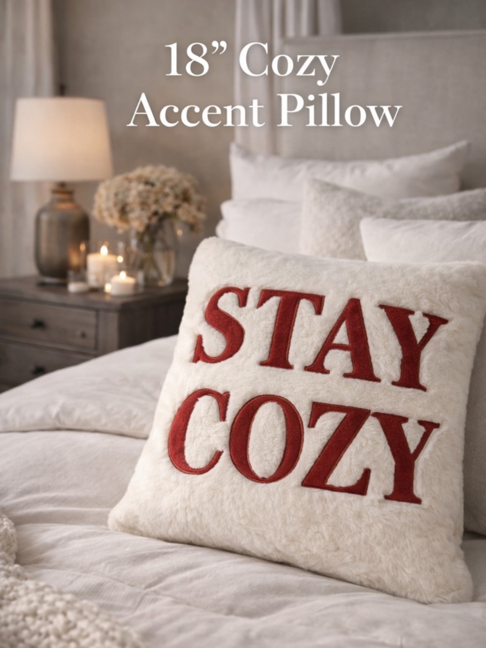 STAY COZY PLUSH THROW PILLOW CUSHION 18” WHITE FAUX FUR GOLD TRIM RED LETTER